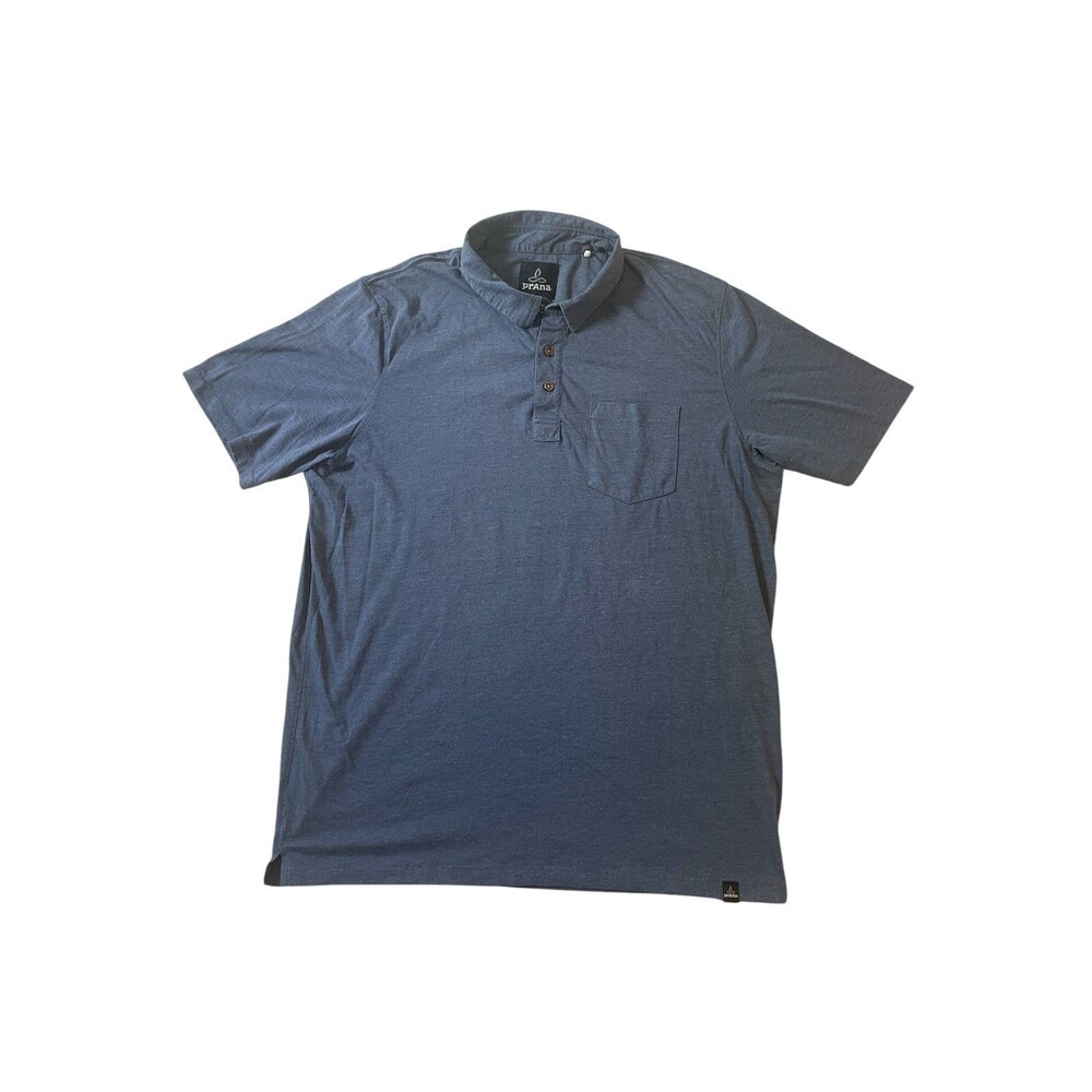 Prana Mens Polo Shirt Medium Heather Blue Short Sleeve 3 Button Pocket Casual
